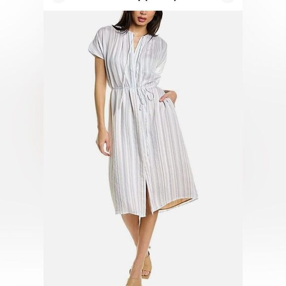 NWT Vince Womens Dress White Blue Drapey Stripe Shirred Short Sleeve Midi $375 - Picture 1 of 11